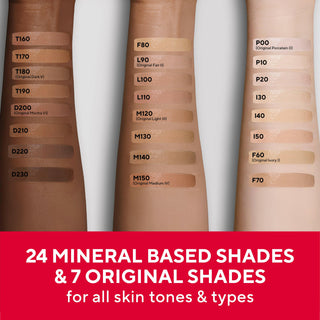 Swatches of Mirabella Beauty Invincible For All Anti-Aging HD Foundation in various shades, showing the range of tones for all skin types.