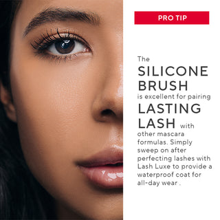 Model with Waterproof Lasting Lash Mascara applied, showing enhanced volume and length with pro tips for all-day wear & flexibility.