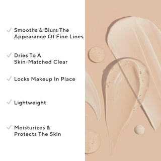 Mirabella Awaken Face Primer & skincare: up close key benefits on a peach background, highlighting lightweight formula