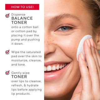 Model using a cotton round with Mirabella's Balance Alcohol-Free Toner, showing steps to cleanse, refresh, & hydrate skin