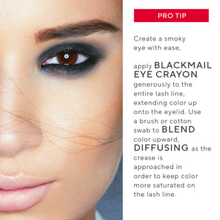 Model applying Mirabella Blackmail Eye Crayon: Demonstrates effortless glide and deep black color for a striking, defined eye