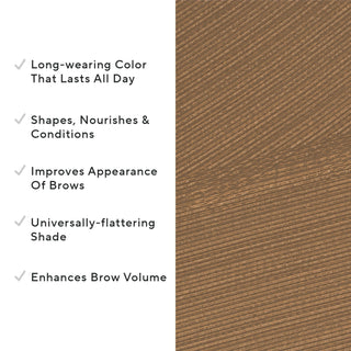 Brow Shaper swatch is shown up close alongside key callouts, including its ability to shape, nourish & condition brows with application.