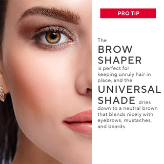 Model wearing Brow Shaper applied, achieving a flawless brow shape. Pro tips for using the shaper included for improved brow appearance.
