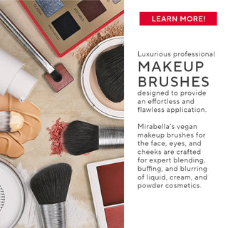 Close-up of Mirabella makeup products, brushes and powders on tan background alongside key marketing points for the brand's vegan brushes.
