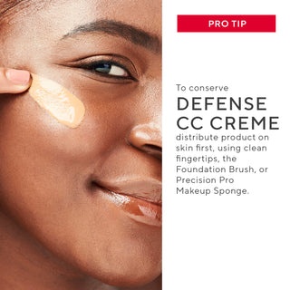 Mirabella Hydrating CC Defense foundation applied to model highlighting pro tip for conserving CC Defense.