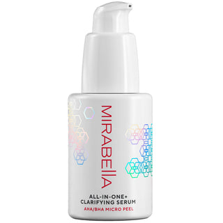 Mirabella Beauty All-In-One Clarifying Serum micro-peel contains AHA+BHA bottle on white background.