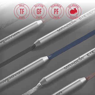 Mirabella Retractable Line and Definer Eye Definers swatched on flat surface showcasing pigmentation with brand no no's.
