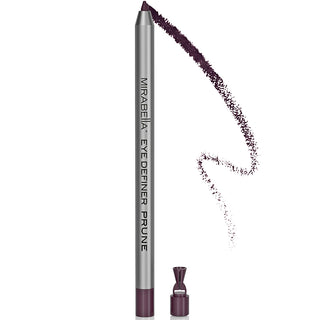 Mirabella Eye Definer in Prune Shade packaging highlighting the retractable design and built-in sharpener on white background.