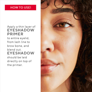 Model with pro how to use tips for Mirabella Waterproof Eyeshadow Primer, demonstrating its ability to keep eyeshadow vibrant & smudge-free