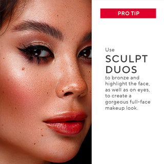 Model Close-up wearing Mirabella Sculpt Duos for a glowing complexion alongside a pro tip to use the shades for a full-face makeup look.