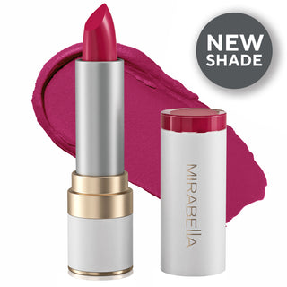Mirabella Sealed With a Kiss Lipstick in Fiercely Fuchsia – bold, vibrant pink new shade with sleek white and gold packaging.