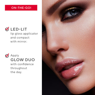 Mirabella Glow Duo LED Lit Lip Gloss & Powder applied to the model's face, highlighting the translucent matte & hydrating appearance.