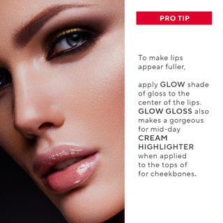 Model Showing Pro Tips for Mirabella Glow Light-Up Lip Gloss, showing its high-shine finish & convenient light-up feature & mirror