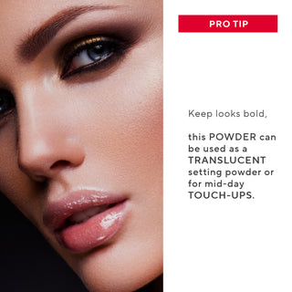 Glow Hyaluronic Powder applied to models face, highlighting the translucent matte & hydrating appearance - pro tips of using powder throughout day.