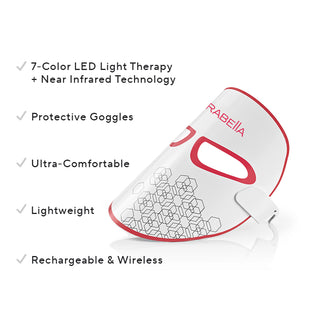7-color LED Facial Mask by Mirabella, side view showing key benefits like rechargeability and wireless use for targeted anti-aging treatment.