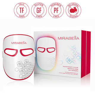 LED Facial Mask by Mirabella packaging and front of mask view, sleek design & highlighting Mirabella core values.