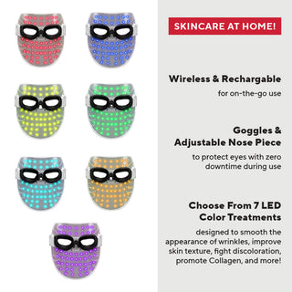 LED Facial Mask by Mirabella for skin care treatment at home, featuring 7-color near infrared Lights, sleek design & highlighted features.