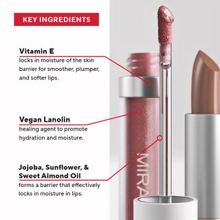 Close-up of Luxe Lip Gloss wand showing rich pigment, smooth finish, and skin-loving ingredients.