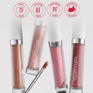 Mirabella no-no ingredient icons with Luxe Lip Gloss tubes and wands floating on clean, minimal background.