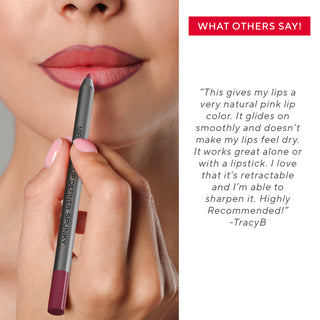 Close-up of Mirabella model with smoky eyeliner & neutral lips, benefits highlighting the brand's lip liner pencils