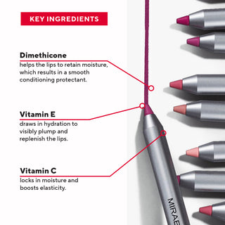 Mirabella Lip Definer swatch on white background, with key ingredients like Vitamin C & E noted, enhancing hydration and pigment longevity