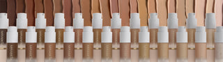 Mirabella Invincible For All Anti-Aging HD Foundation bottle and swatch showcasing a 24-shade range for diverse skin tones website banner.