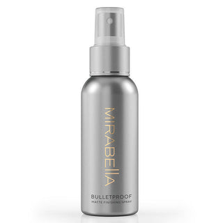 Close-up of Mirabella Bulletproof Matte Finishing Spray in sleek modern bottle, designed for a long-lasting finish and oil control.