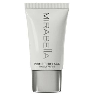 Close-up of Prime for Face makeup primer by Mirabella, shown in a sleek white bottle with silver screw top on a white background.