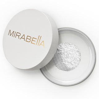 Open container of Mirabella Perfecting Powder revealing finely milled translucent powder for a perfect, matte complexion, and sleek design.