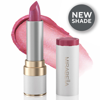 Mirabella Beauty Soft Satins Lipstick in Pink Quartz, a luminous rose shade with soft shimmer, shown with swatch and NEW SHADE badge.