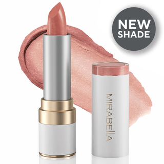 Mirabella Beauty Soft Satins Lipstick in Sheer Perfection, a glowing nude shade with soft shimmer, shown with swatch and NEW SHADE badge.