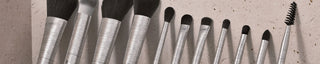 A banner image of Mirabella Beauty's signature professional vegan makeup brush collection on a marble background.
