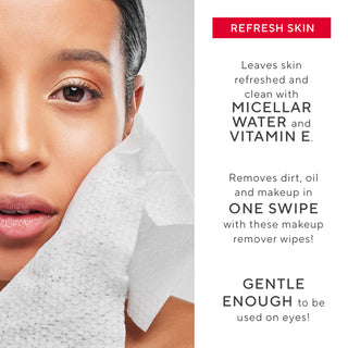 Model using Mirabella Wipeout Makeup Remover Wipes to clean her face, showcasing their gentle and effective makeup removal for refreshed skin.