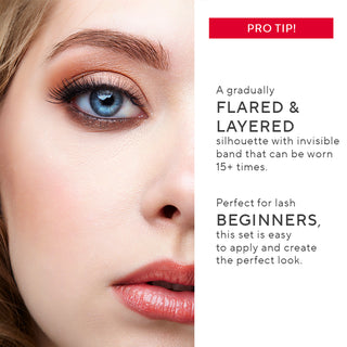 Model wearing Mirabella Mink Effect Faux Lashes with pro tip, demonstrating a bold, eye-catching look enhanced by the adhesive liner