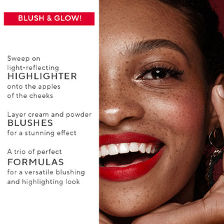 Close-up of Mirabella model featuring Opulent Pro Face Trio and key product details about the palette, including how to use it and what it is.