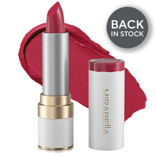 Mirabella's Sealed With A Kiss Lipstick shade Perfect Red lipstick tube alongside opened cap & swatch in background.