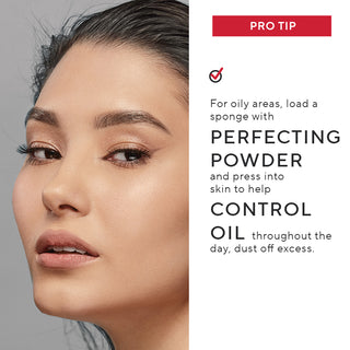 Image of Mirabella Beauty's Perfecting Powder showing model wearing the silica powder and a pro tip for use.