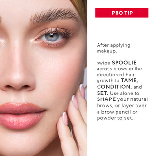Model with Mirabella Pro Sculpt Clear Brow Gel applied to brows, showcasing tame and shape of brows with pro tip of using brow gel.