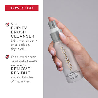 Close-up of a model holding Purify Brush Cleanser alongside instructions on using Mirabella's brush cleanser to rid bristles of impurities.