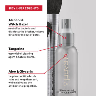Close-up of Mirabella's Purify Brush Cleanser alongside key ingredient callouts like Alcohol & Witch Hazel to neutralize bacteria & disinfect.