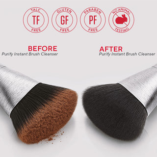 Close-up of Mirabella Brushes used with Purify Brush Cleanser before and after with the brand's core value emblems floating above the image.