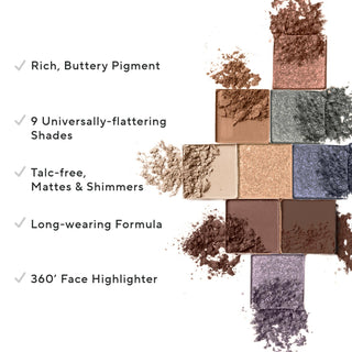 Mirabella Rendezvous Eye Love You Eyeshadow pans displayed together showing the rich colors alongside key callouts like the talc-free formula & pigment.