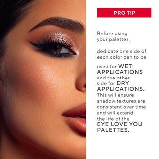 Mirabella model with winged eyeliner and smoky eyeshadow alongside a Pro Tip to use eyeshadow with a wet application to achieve a richer pigment.