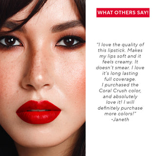 Model with applied Sealed With A Kiss Lipstick, demonstrating its luxurious formula & high-impact color in Perfect Red, with review