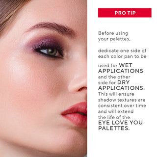 Model with Mirabella Eye Love You Eyeshadow Seduction Palette, showcasing a rich, pigmented eye look. Pro tips for using palette wet or dry included.
