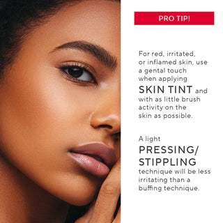 Mirabella Skin Tint Cream foundation applied to model highlighting pro tip for utilizing Skin Tint with pro tips