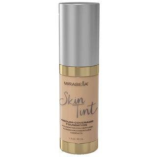 Lightweight mineral foundation for natural finish & medium coverage - Mirabella Skin Tint in bottle on white background