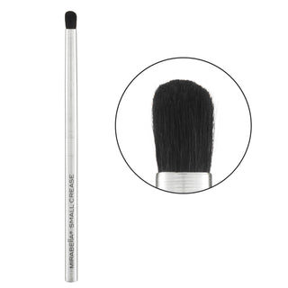 Mirabella's Small Crease makeup brush sleek packaging showcasing up-close of brush bristles.