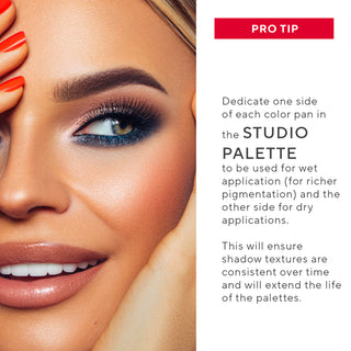 Close-up of rich, pigmented shades in the Mirabella Studio Eyeshadow Collection model with pro tips, showing a mix of matte & shimmers