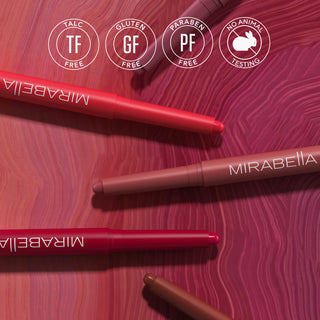 Image of Mirabella's new Velvet Lip Pencils on multi-color background alongside the brand's ethos of "no-no's".